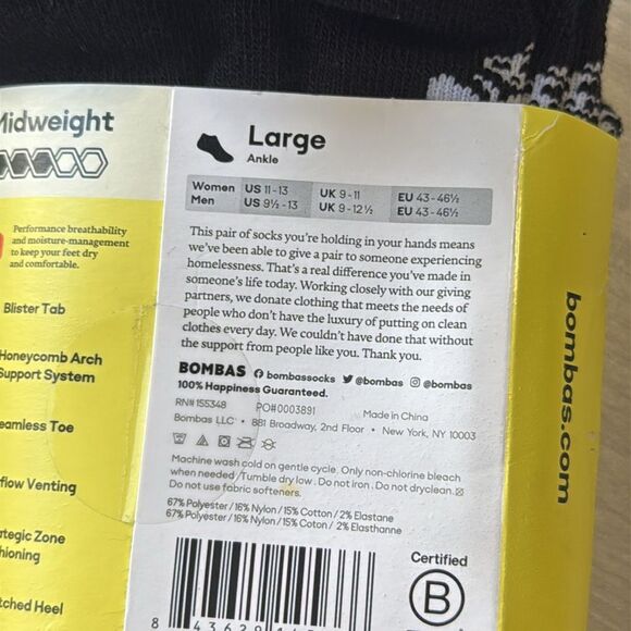 BOMBAS
Adult Bombas All Purpose Performance Ankle Sock 3 Pk black size large nwt - Picture 3 of 3